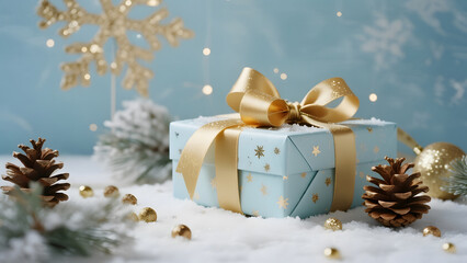 Christmas Gift Box, Festive Decorations, Gold Ribbon, Snowflakes, Pine Cones, Holiday Scene