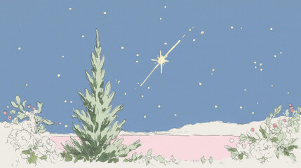 Christmas, wallpaper, poster, banner-ready festive winter scene: green evergreen tree, glowing golden shooting star, snow, white flowers, pink berries on light blue background with pink snow strip, id