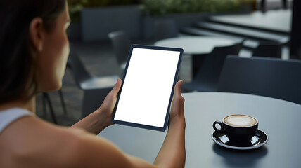 Young woman holding tablet with blank screen sitting near coffee cup