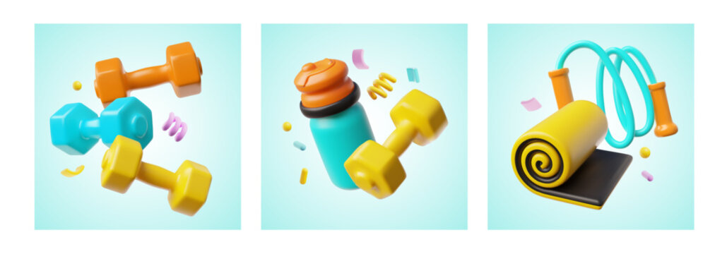 A set of square frames with fitness equipment, dumbbells, a bottle, a mat, a jump rope, and confit.