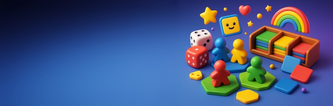 Colorful board game pieces, dice, tokens, and rainbow on vibrant purple and blue gradient background with empty space for design or copy. Ai generative