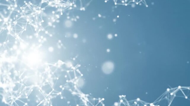 Abstract digital network background featuring glowing white particles connected by lines, symbolizing data flow, technology, and global connectivity in a futuristic blue space