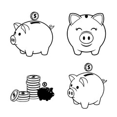 Pink cartoon piggy bank icon vector set for savings and finance illustration