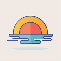 Stylized Sun Setting Over Water Abstract Flat Design With Orange Yellow Sun and Blue Water Against A Light Beige Background