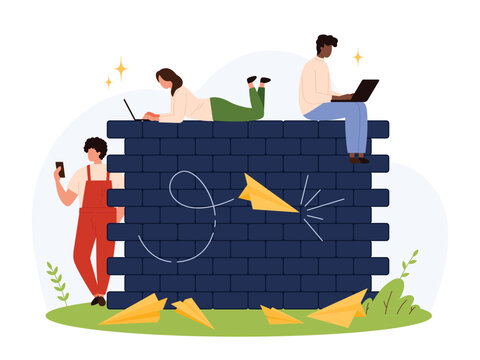 Three people with laptops and phone behind a brick firewall blocking yellow paper planes symbolizing antispam and cybersecurity protection isolated vector illustration