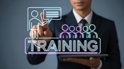 Modern Business Training Concept with Man Presenting to a Group on Tablet
