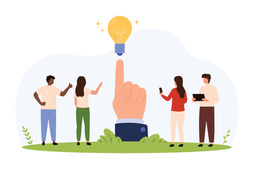 Group of diverse people standing around a giant hand pointing at a glowing lightbulb symbolizing teamwork, innovation, brainstorming, and creative ideas isolated vector illustration