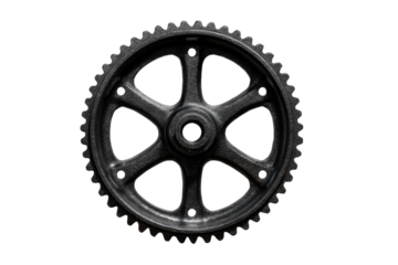 Dark gray metal cogwheel with five spokes and circular holes gear, Isolated On Transparent Background, Png Cut Out