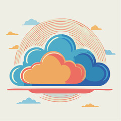 Stylized Digital Art Representing Clouds With Orange and Blue Hues Under a Retro Sunburst Design