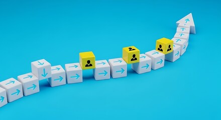 Obraz premium Wooden blocks with human icons arranged in an upward trend line against a bright blue background