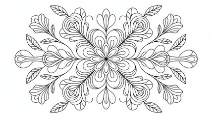 Detailed floral mandala for adult coloring. Thin line illustration with elegant symmetrical flowers and leaves. Black and white anti-stress coloring page for relaxation, mindfulness and creative thera