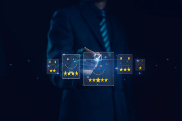A business professional selecting a five-star rating on a digital interface, symbolizing customer satisfaction, service quality, user experience, and positive feedback in modern technology.