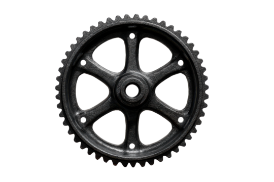 Dark gray metal cogwheel with five spokes and circular holes gear, Isolated On Transparent Background, Png Cut Out - Powered by Adobe