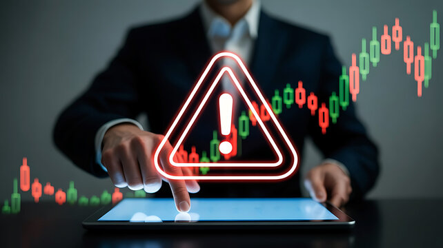 Stock Market Crash Warning Investor Examining Candlestick Chart on Tablet Danger Alert