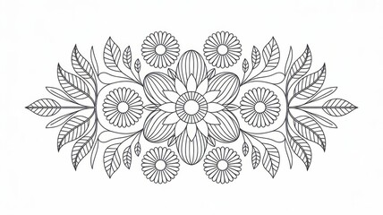 Detailed floral mandala for adult coloring. Thin line illustration with elegant symmetrical flowers and leaves. Black and white anti-stress coloring page for relaxation, mindfulness and creative thera