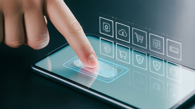 Fingerprint scan on smartphone security interface with cloud and ecommerce icons