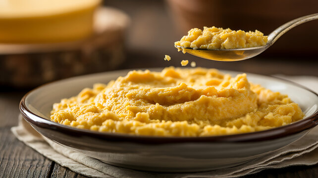 Shallow ceramic dish piled with coarse cooked yellow polenta or cornmeal with a spoonful being lifted above the plate rustic wooden table comfort food closeup