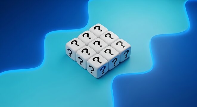 Nine white dice with black question marks arranged in a 3x3 grid against a blue background