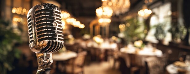The microphone in an elegant restaurant ready for live jazz and intimate performance