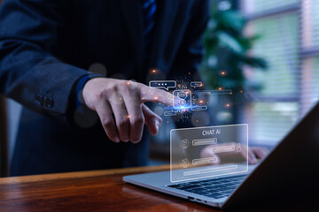 A businessman interacts with a laptop displaying a futuristic AI chat interface, symbolizing artificial intelligence, automation, digital communication, and advanced technologies in modern business.