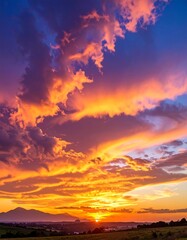 Obraz premium Dramatic sunset over the landscape with colorful clouds and mountains.
