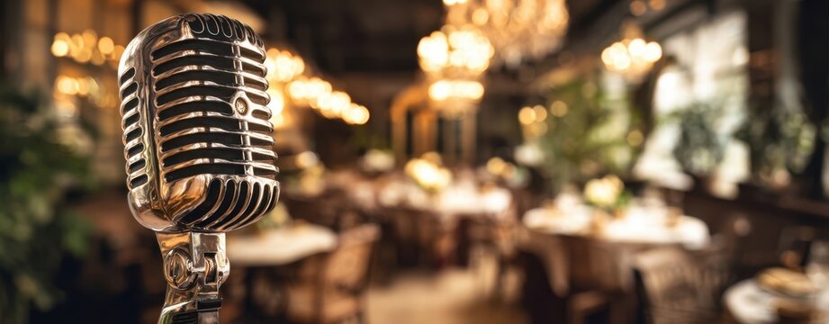 The microphone in an elegant restaurant ready for live jazz and intimate performance