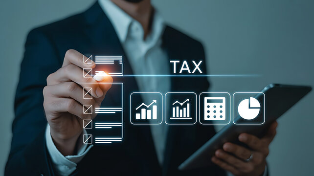 Business professional planning taxes with digital checklist and financial charts analysis concept