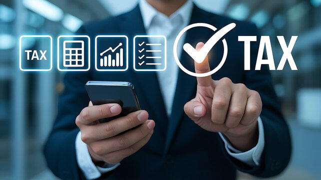 Tax filing concept shown with digital icons and a business professional