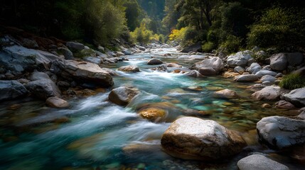 Fototapeta premium A flowing river winding between smooth stones and vibrant greenery capturing movement harmony and the ever-changing nature of living ecosystems 