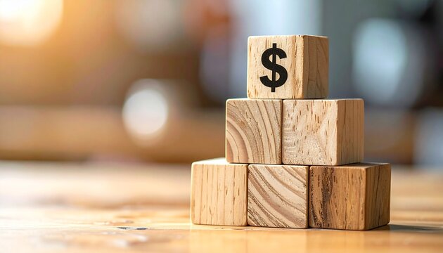 Wooden pyramid of blocks with dollar sign on top symbolizing financial hierarchy and investment growth - Powered by Adobe