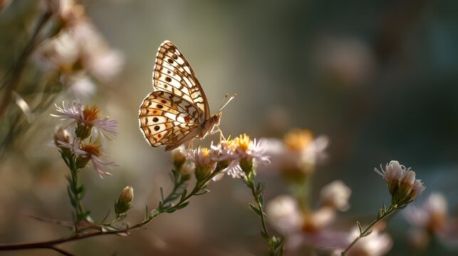 A butterfly resting on a blooming wildflower with gentle sunlight illuminating its delicate wings representing fragility transformation and the interconnectedness of life 