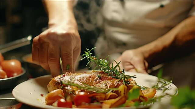 A professional chef is adding finishing touches to a dish with garnishes and sauces. The chef is working diligently in a commercial kitchen.