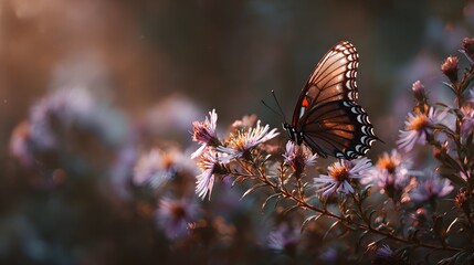 A butterfly resting on a blooming wildflower with gentle sunlight illuminating its delicate wings representing fragility transformation and the interconnectedness of life 