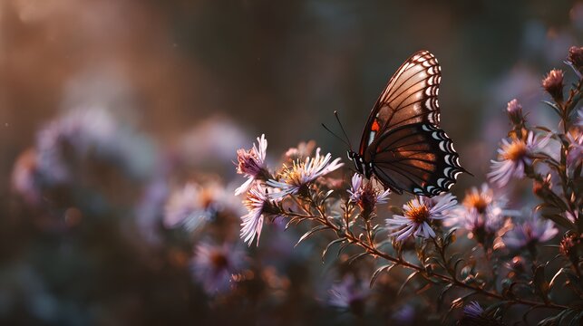 A butterfly resting on a blooming wildflower with gentle sunlight illuminating its delicate wings representing fragility transformation and the interconnectedness of life 