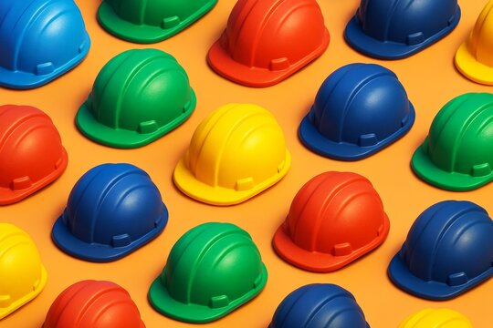 Colorful safety helmets arranged in diagonal pattern on orange background, creating a vibrant and abstract industrial-themed composition. Ai generative