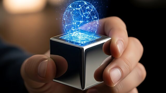 Hand holding a glowing cube with digital sphere displaying advanced technology