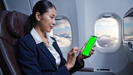 Elegant Asian Businesswoman Using Smartphone with Green Screen on Airplane Enjoying First Class Travel and Cloud Views Perfect for Mobile App Advertising and Luxury Lifestyle Content. - Powered by Adobe