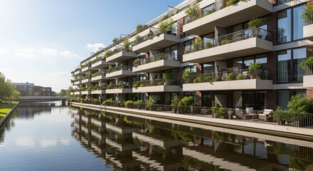 Modern apartment building with balconies overlooking canal