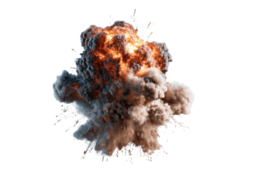 Intense fiery explosion with dark smoke and debris against black background fire blast 1, Isolated On Transparent Background, Png Cut Out