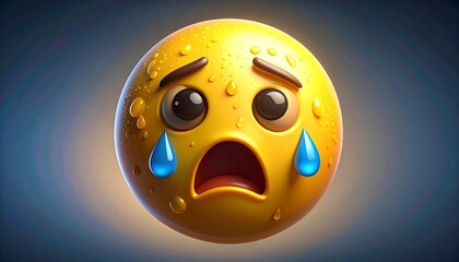 Yellow face emoticon with big eyes, an open mouth, and tears, isolated on a blurred blue-grey background