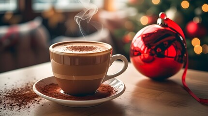 A cup of hot cappuccino coffee and red christmas ball on table in cafe.