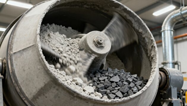 Closeup of ecofriendly cement alternatives being mixed showcasing sustainable binders like fly ash and slag in an industrial setting.
