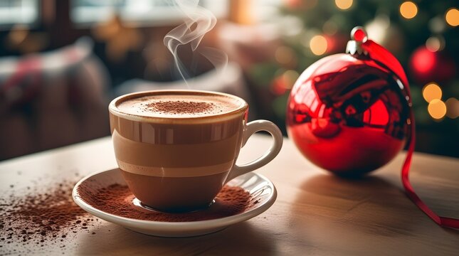 A cup of hot cappuccino coffee and red christmas ball on table in cafe.