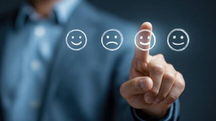 Businessman selecting positive customer feedback emoticon