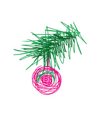 Christmas tree branch with a toy - a child's drawing, isolated. New Year and Christmas - element for a postcard