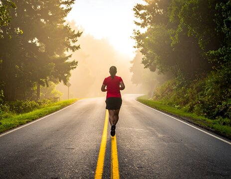 Woman running alone on a road into a sun-drenched, misty forest. Peaceful nature scene