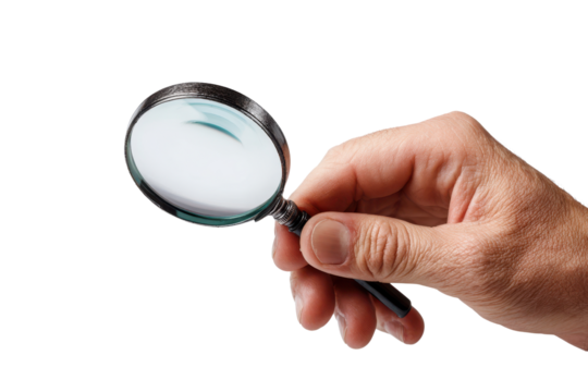 Hand holding magnifying glass over black background searching for something lens, Isolated On Transparent Background, Png Cut Out
