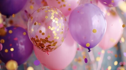 Close-up of elegant pink and purple balloons filled with golden confetti for festive birthday celebration, party decorations, and glamorous event styling