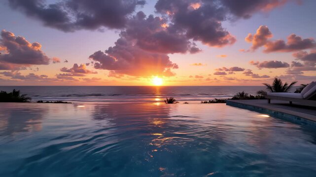 Relaxing View From Luxury Pool Deck at Tropical Sunset Hour