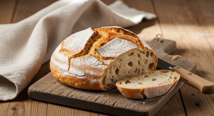 Freshly Baked Artisan Sourdough Bread on Wooden Board